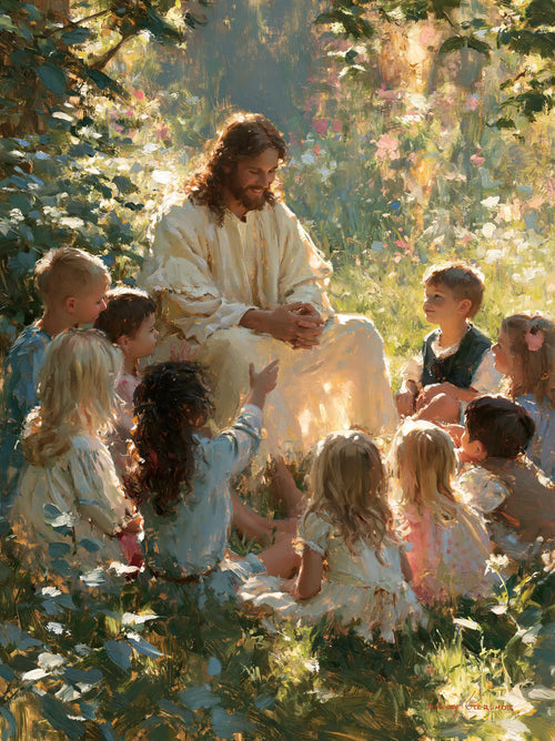 Jesus with children in an impressionist atmosphere in Impressionist style, portrait Christian artwork no. 12