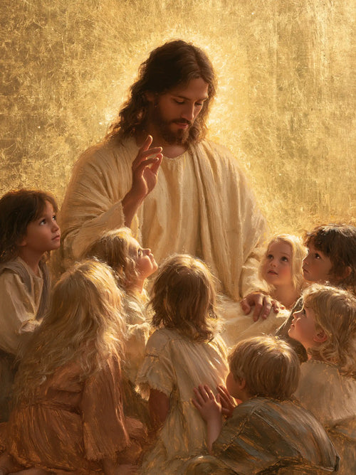 Jesus welcoming children in radiant golden light in Sacred Gold style, portrait Christian artwork no. 16