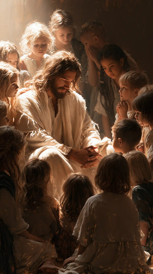 Jesus with children in a meditation on sacred innocence in Innocence as a Sacred Symbol style, portrait Christian artwork no. 2