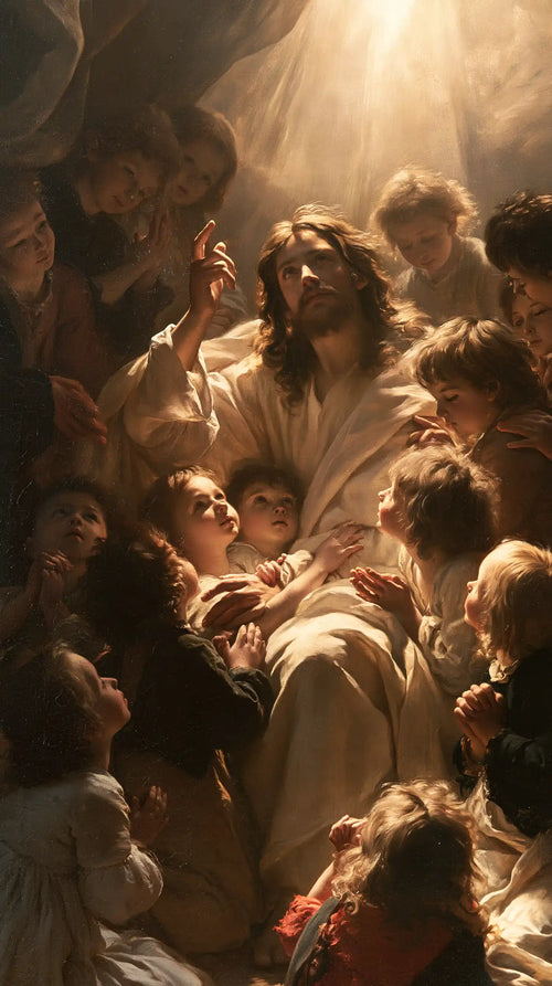 Jesus welcoming children in a theatrical Baroque scene in Theatrical Baroque style, portrait Christian artwork no. 1