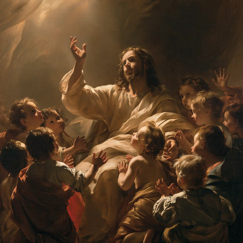 Jesus welcoming children in a theatrical Baroque scene in Theatrical Baroque style, square Christian artwork no. 1