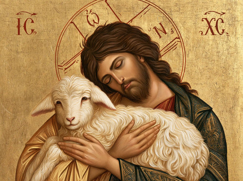 Jesus and the lamb in a contemporary Byzantine icon in Contemporary Byzantine style, landscape Christian artwork no. 4
