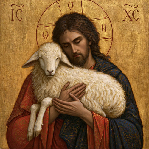Jesus and the lamb in a contemporary Byzantine icon in Contemporary Byzantine style, square Christian artwork no. 1