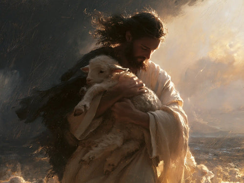 Jesus protecting a lamb in Jesus Protecting the Lamb style, landscape Christian artwork no. 3