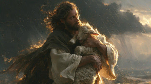 Jesus protecting a lamb in Jesus Protecting the Lamb style, landscape Christian artwork no. 11