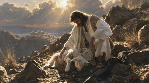 Jesus finding the lost lamb in The Lost Lamb Found style, landscape Christian artwork no. 4