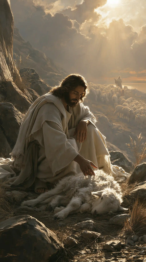 Jesus finding the lost lamb in The Lost Lamb Found style, portrait Christian artwork no. 2