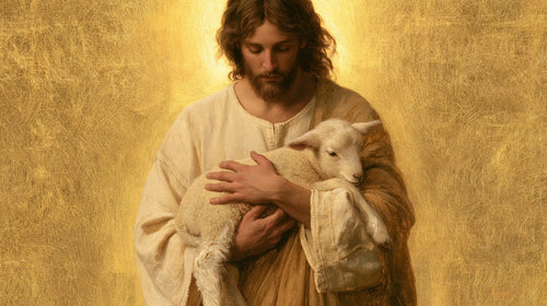 Jesus with a lamb in sacred golden light in Sacred Gold style, landscape Christian artwork no. 9