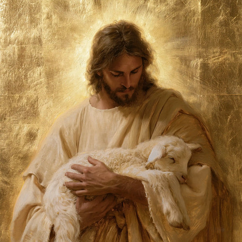 Jesus with a lamb in sacred golden light in Sacred Gold style, square Christian artwork no. 2