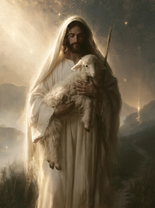 Jesus and the lamb in a symbolist composition in Symbolist style, portrait Christian artwork no. 10