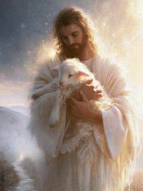 Jesus and the lamb in a symbolist composition in Symbolist style, portrait Christian artwork no. 12