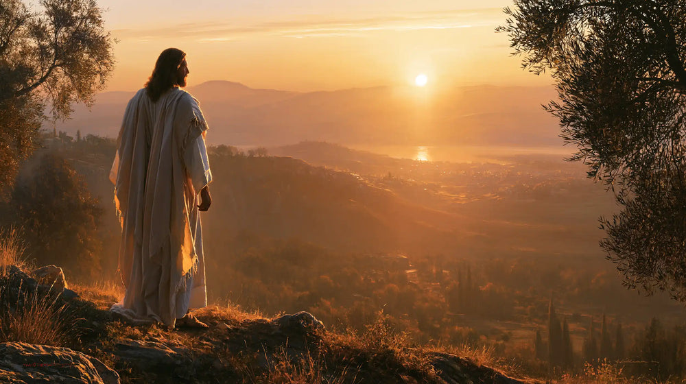 Jesus walking along a hillside at sunset in Sacred Silence style, landscape Christian artwork no. 1