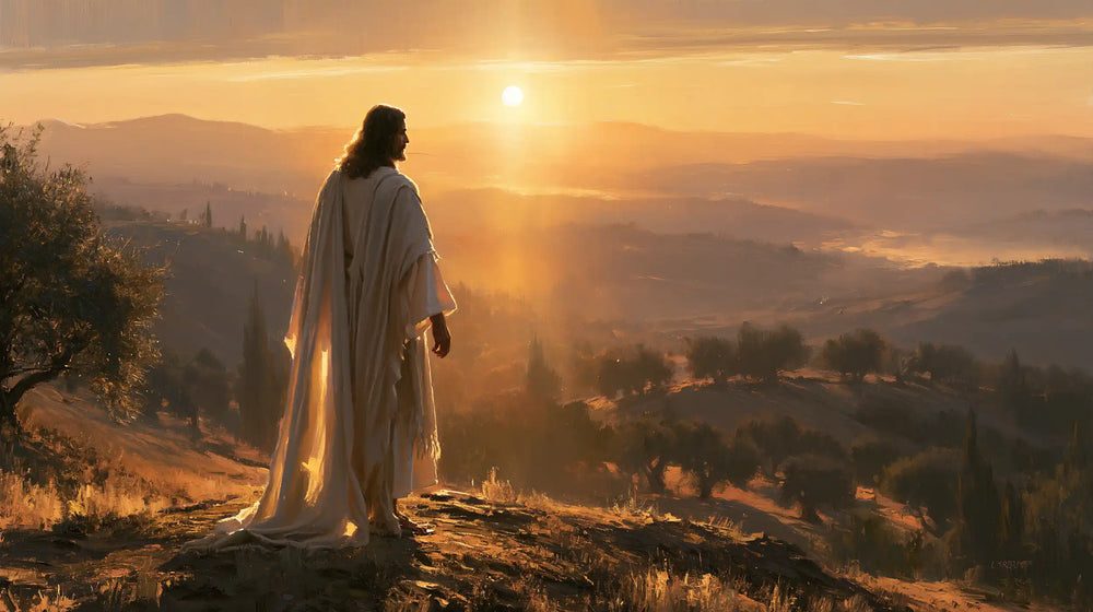 Jesus walking along a hillside at sunset in Sacred Silence style, landscape Christian artwork no. 6
