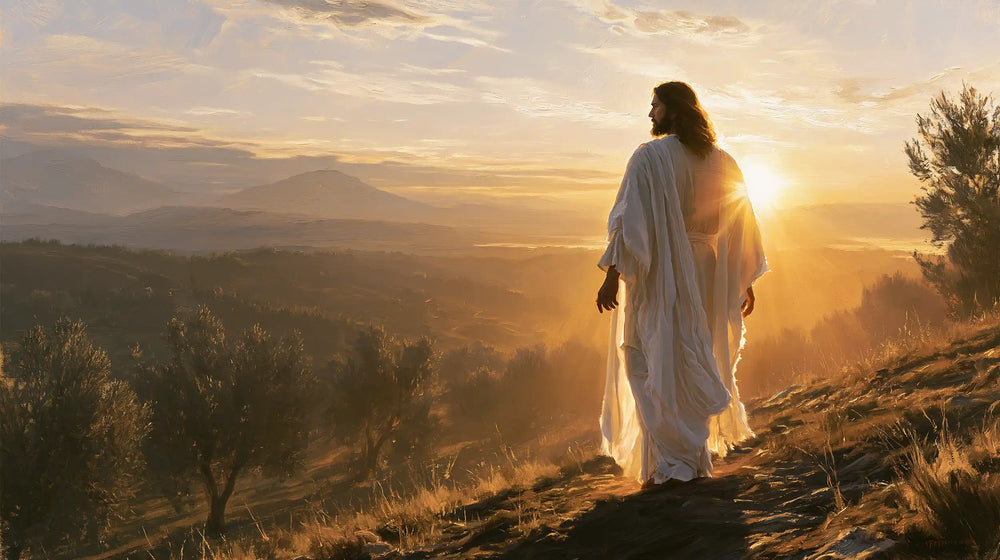 Jesus walking along a hillside at sunset in Sacred Silence style, landscape Christian artwork no. 9