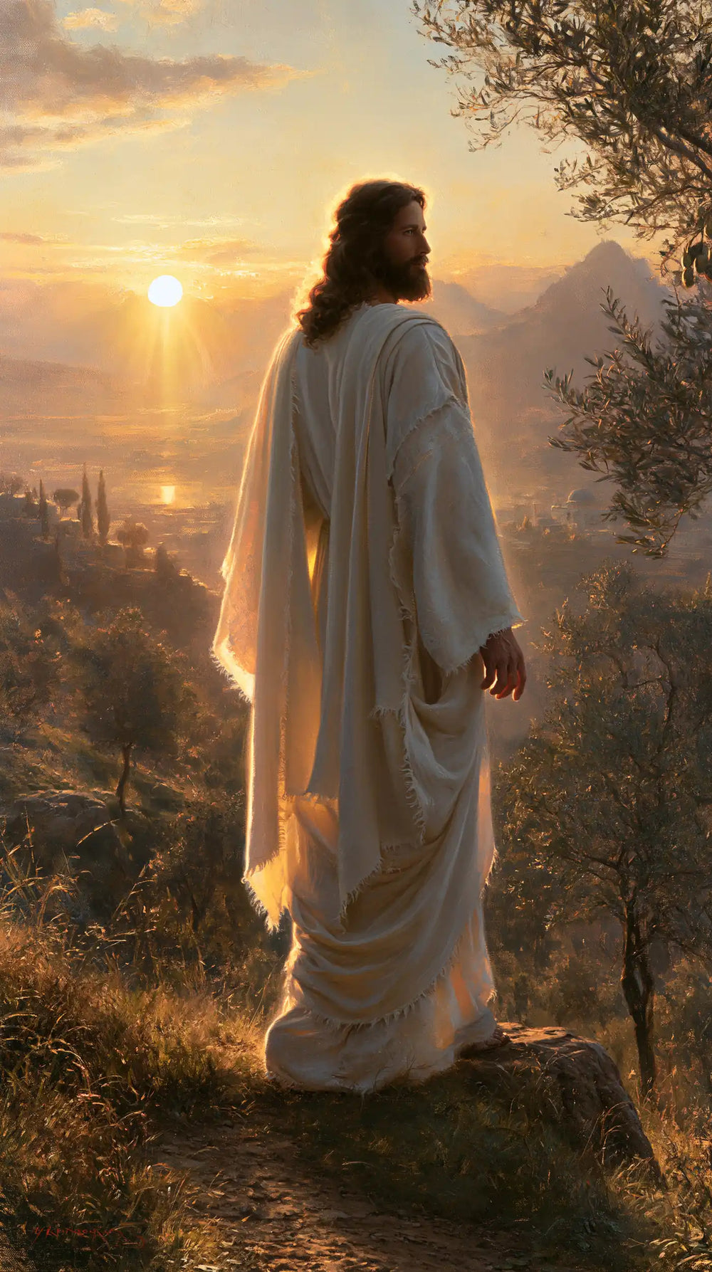 Jesus walking along a hillside at sunset in Sacred Silence style, portrait Christian artwork no. 6