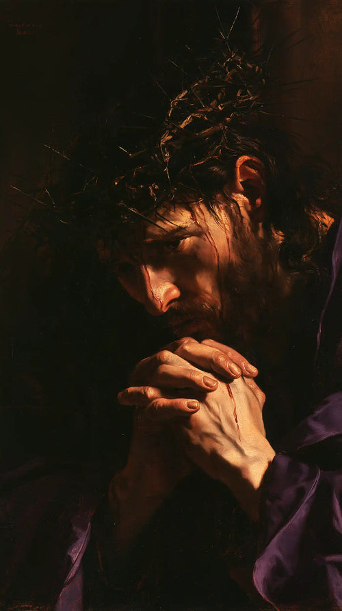 Jesus crowned with thorns in dramatic chiaroscuro in Caravaggio Tenebrism style, portrait Christian artwork no. 3