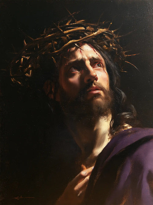 Jesus crowned with thorns in dramatic chiaroscuro in Caravaggio Tenebrism style, portrait Christian artwork no. 12