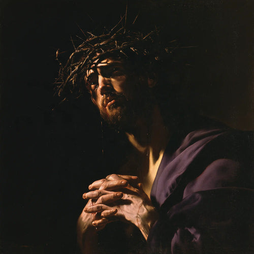 Jesus crowned with thorns in dramatic chiaroscuro in Caravaggio Tenebrism style, square Christian artwork no. 3