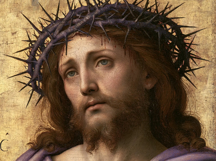 Jesus Crowned with Thorns — Green Eyes beneath Violet Brambles