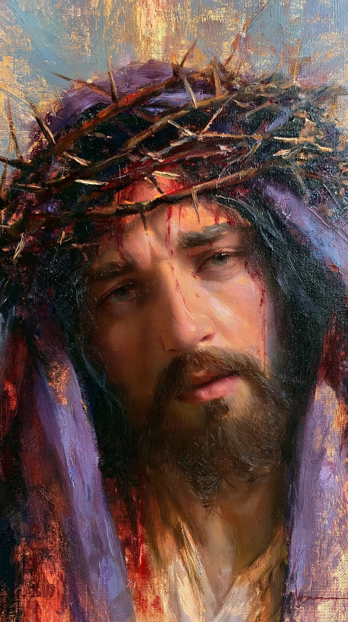 Jesus Crowned with Thorns — Near Eyes between Mauve Veils