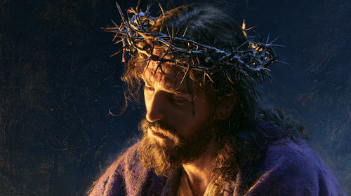 Jesus crowned with thorns in midnight blue chiaroscuro in Midnight Blue Chiaroscuro style, landscape Christian artwork no. 11