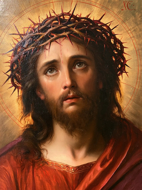 Jesus crowned with thorns in red, violet and gold in Crown of Thorns in Red, Violet and Gold style, portrait Christian artwork no. 10