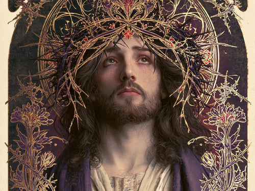 Jesus crowned with thorns framed by sacred Art Nouveau ornament in Sacred Art Nouveau style, landscape Christian artwork no. 9