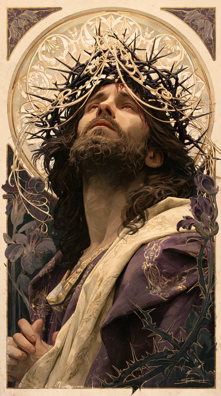 Jesus Crowned with Thorns — Joined Hands beneath Pale Ornament