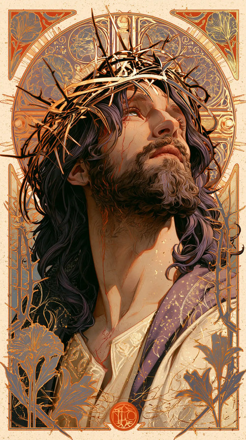 Jesus crowned with thorns framed by sacred Art Nouveau ornament in Sacred Art Nouveau style, portrait Christian artwork no. 6