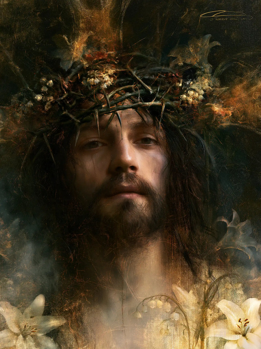 Jesus Crowned with Thorns — The Medallion among Pale Flowers