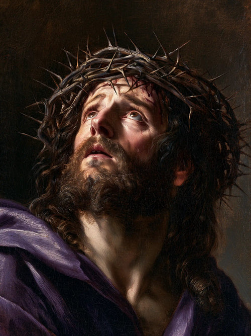 Jesus crowned with thorns in a theatrical Baroque scene in Theatrical Baroque style, portrait Christian artwork no. 14