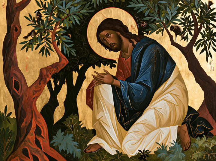 Jesus in Gethsemane — Sacred Linen beneath the Boughs