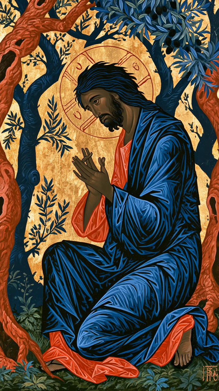 Jesus in Gethsemane — The Halo among Blue Branches