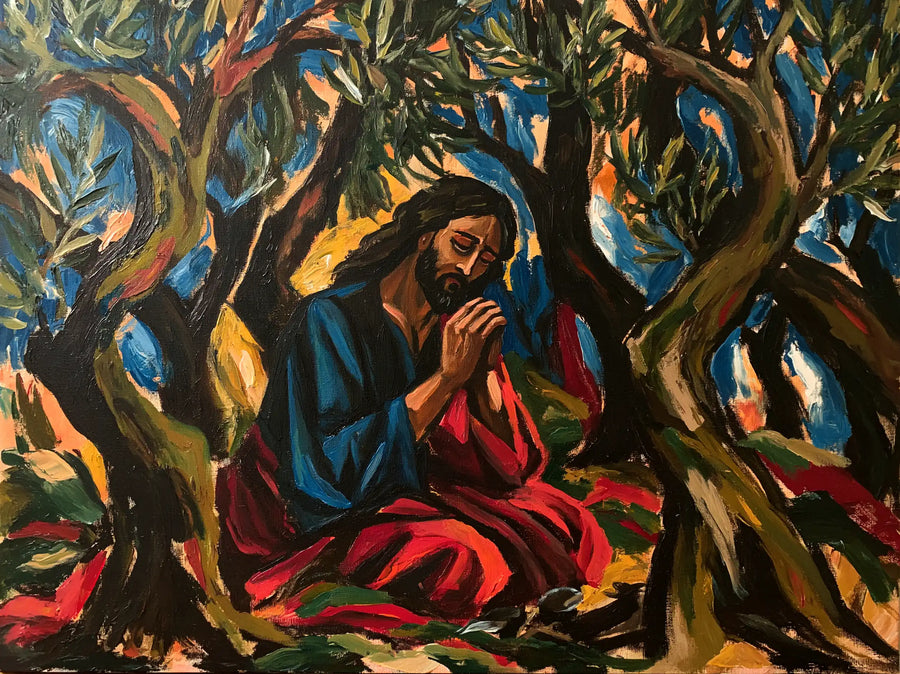 Jesus in Gethsemane — Scarlet beneath Dancing Olive Trees