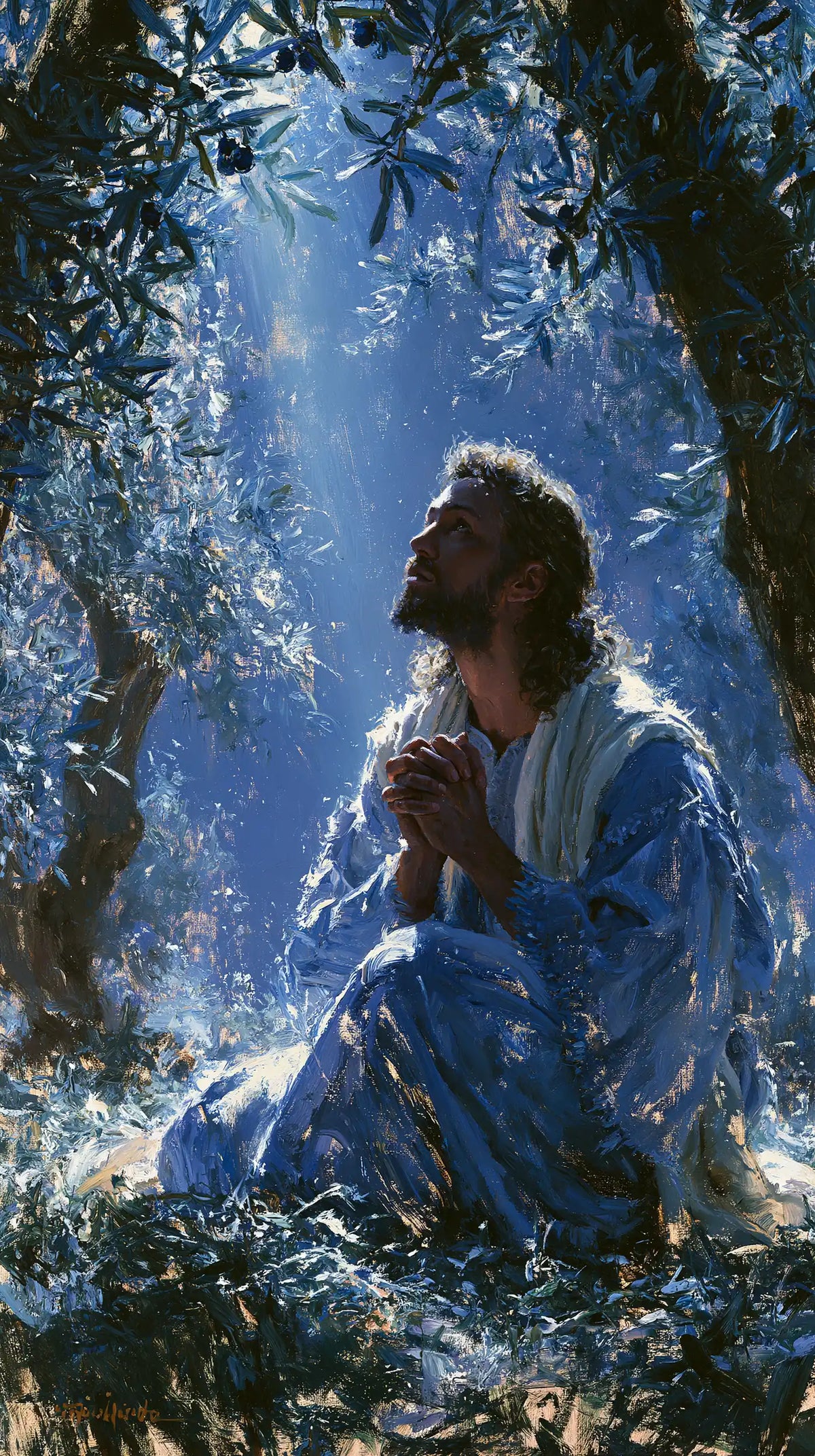 Jesus in Gethsemane — The Blue Cloak in the Shower of Light