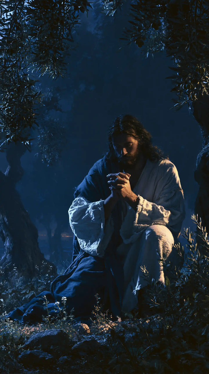 Jesus in Gethsemane — Hands Joined in Blue Depths
