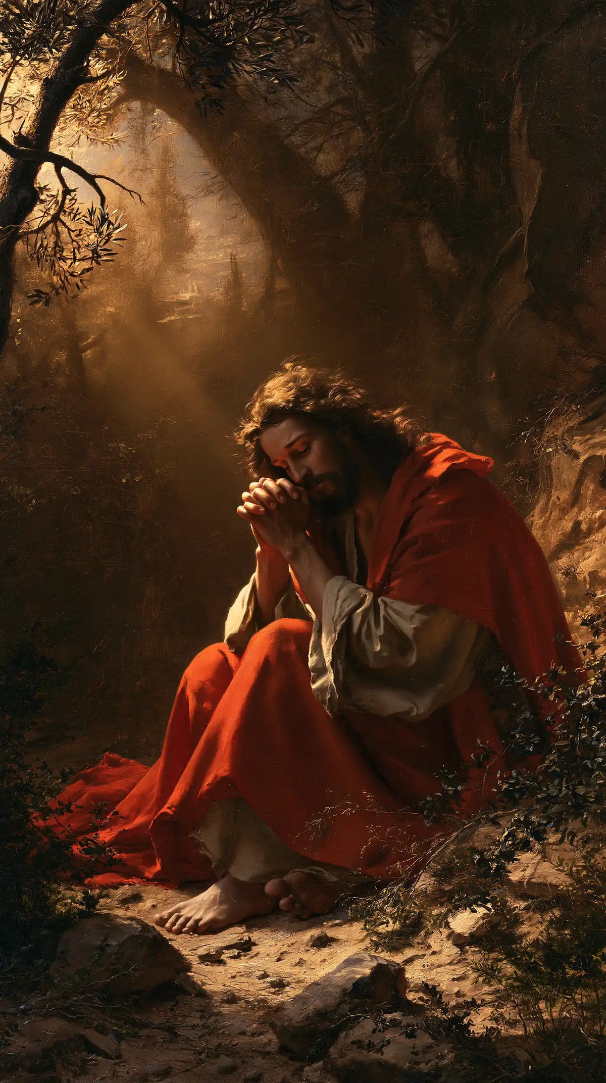 Jesus in Gethsemane — The Scarlet Cloak beneath Veiled Light