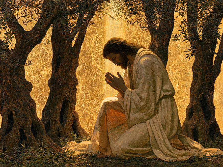 Jesus in Gethsemane — White Folds at the Threshold of Gold