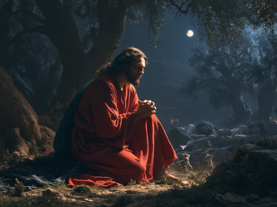 Jesus in Gethsemane — Prayer in a Cloak of Night Crimson