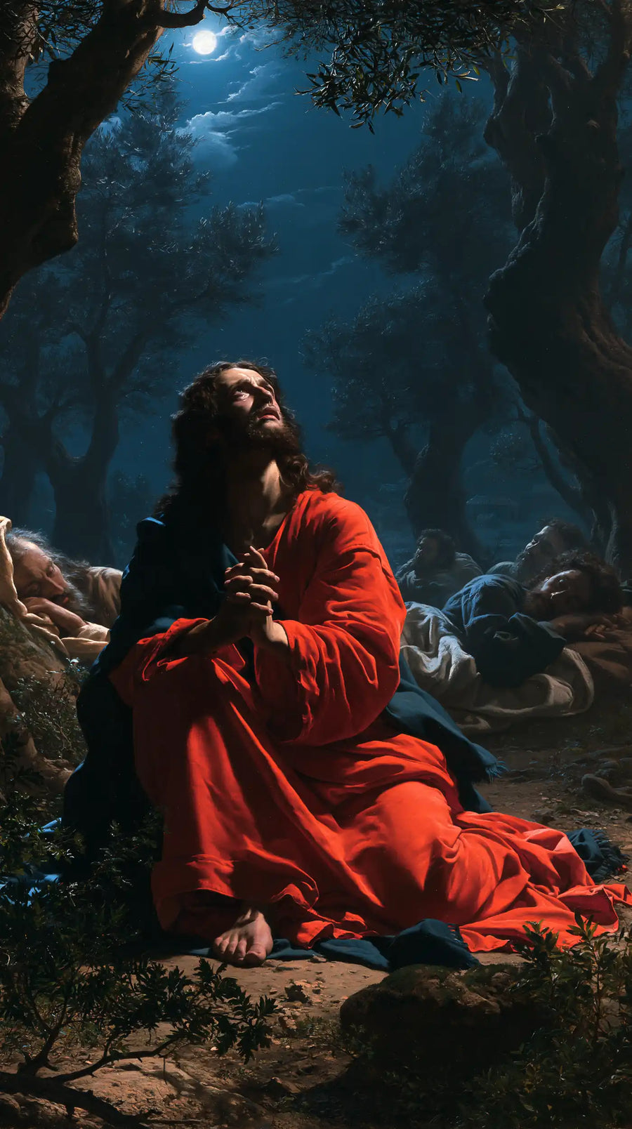 Jesus in Gethsemane — Wakeful Red in the Garden of Dreams