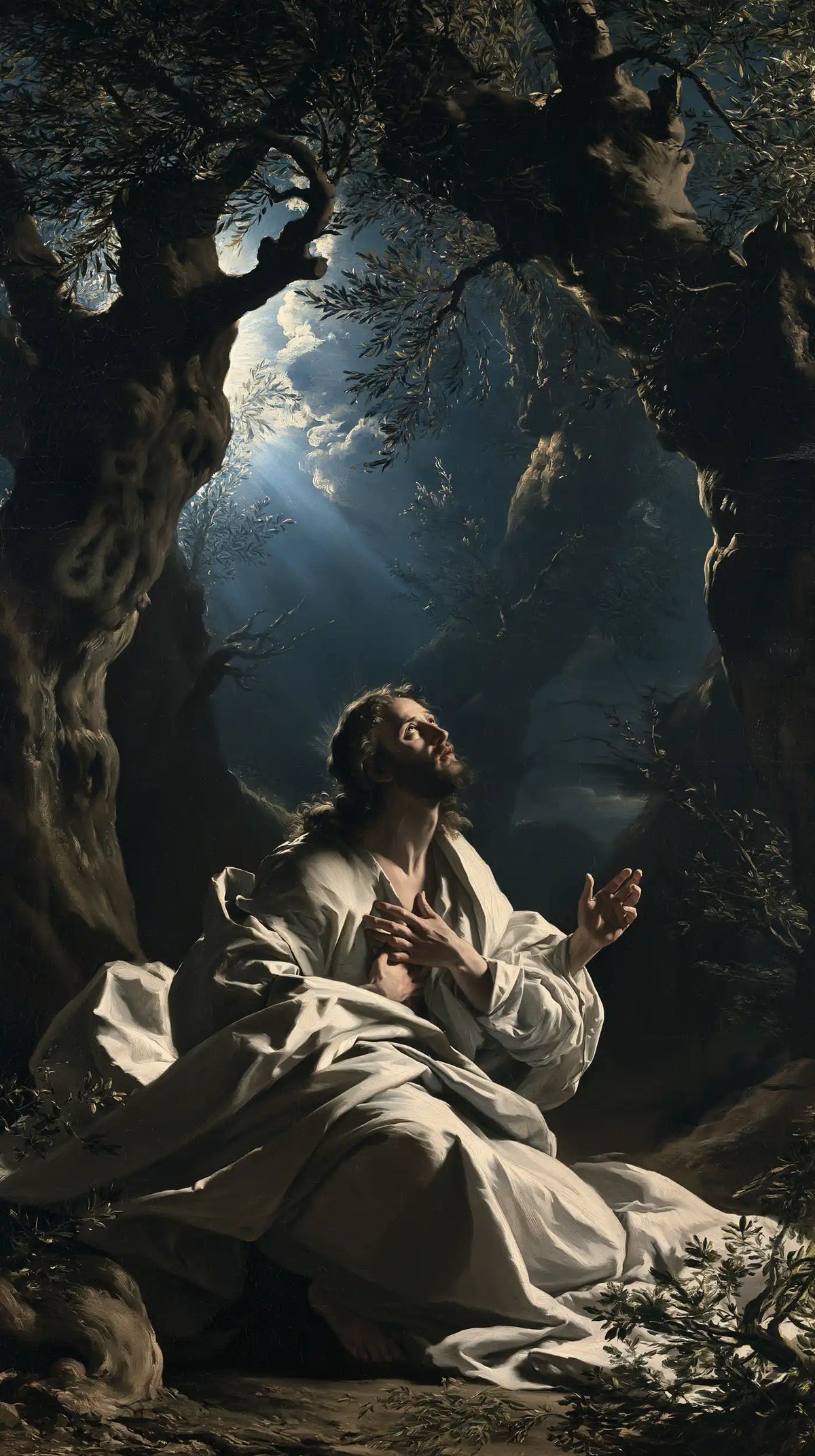 Jesus in Gethsemane — Prayer in Dark Silver Folds