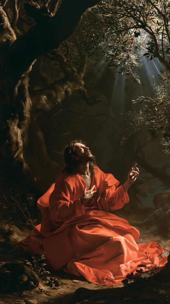 Jesus in Gethsemane — The Gaze Carried by the Red Wave