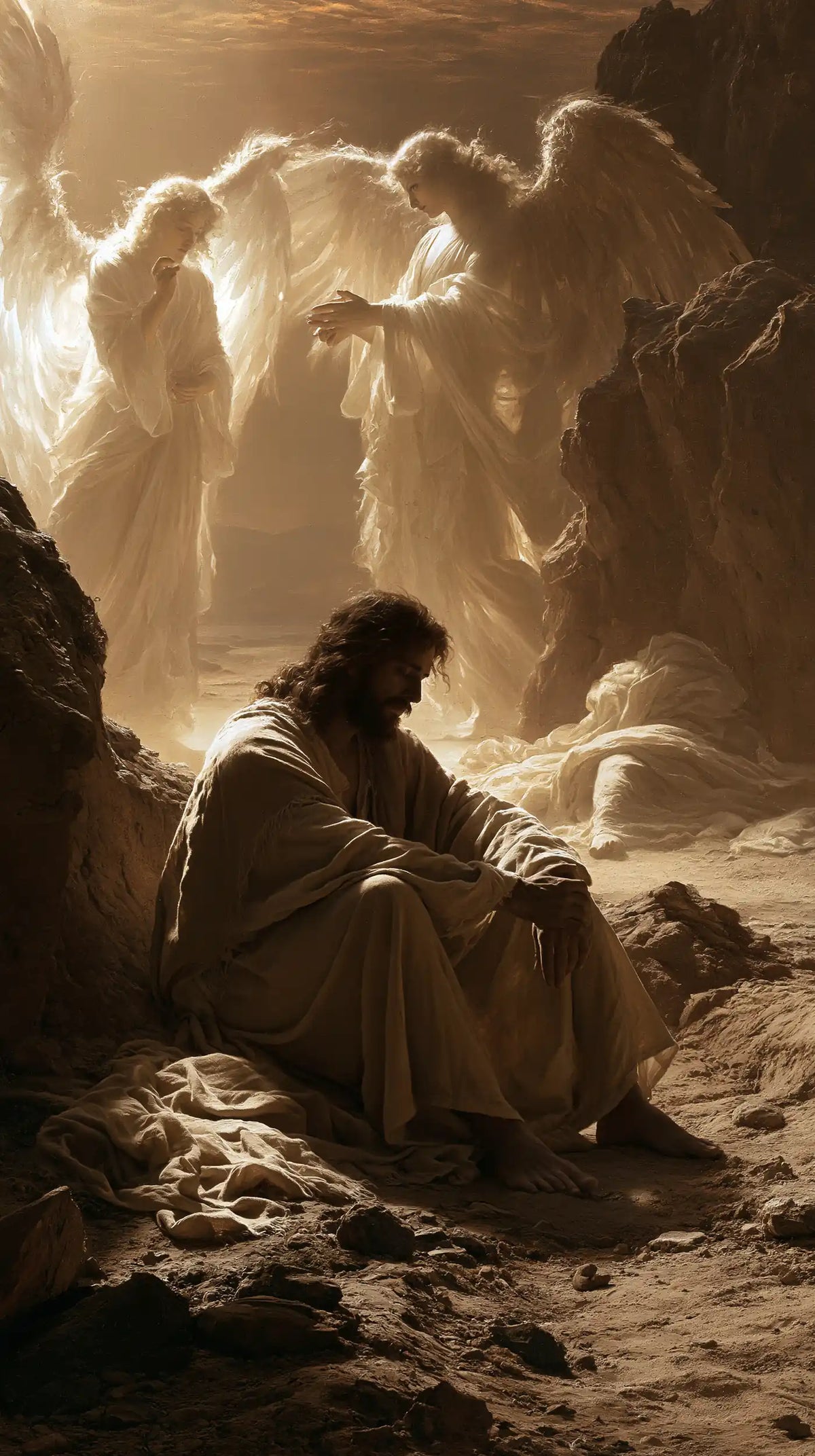 angels ministering to Jesus after the temptation in Angels After the Temptation style, portrait Christian artwork no. 7