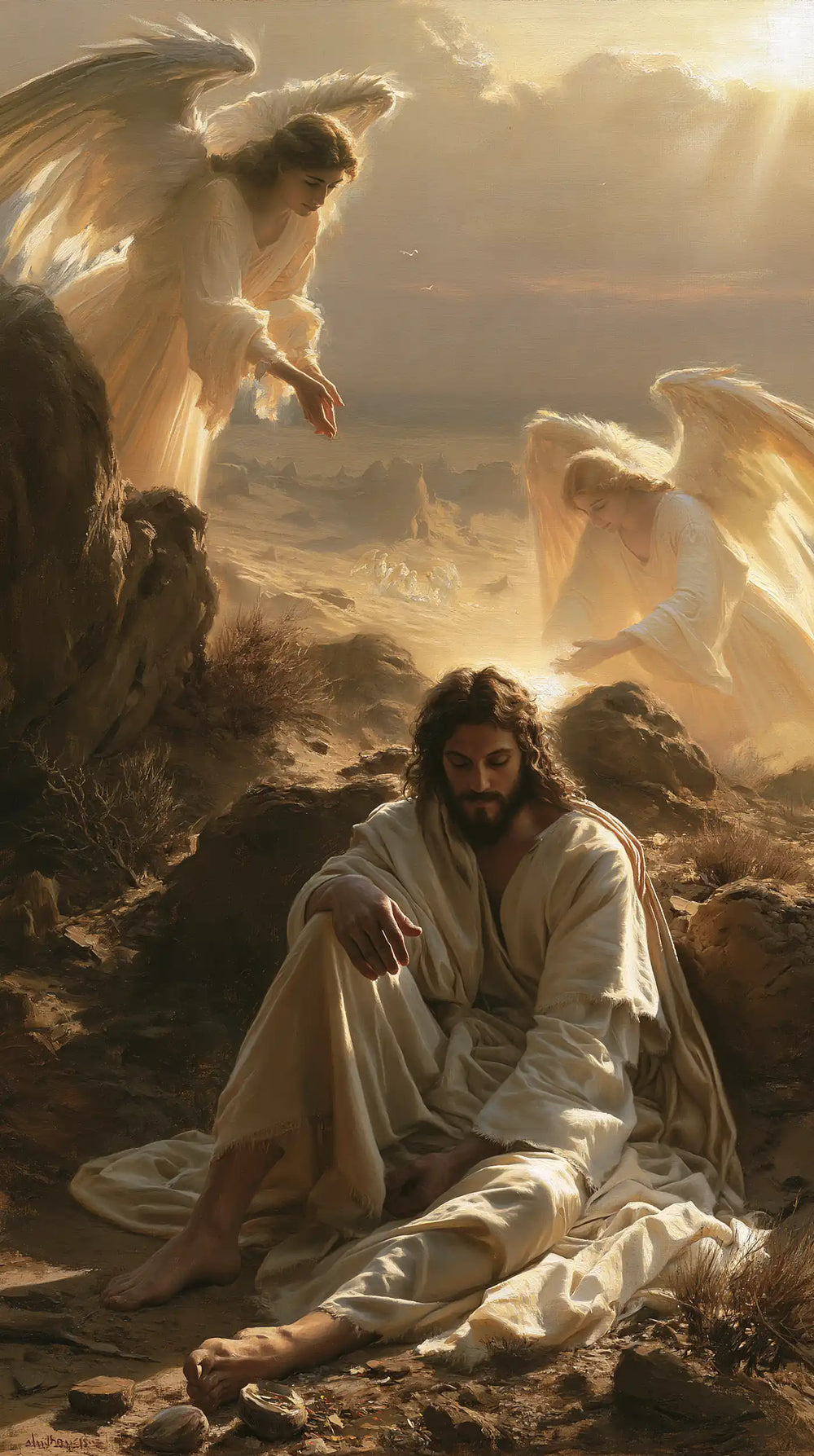angels ministering to Jesus after the temptation in Angels After the Temptation style, portrait Christian artwork no. 25