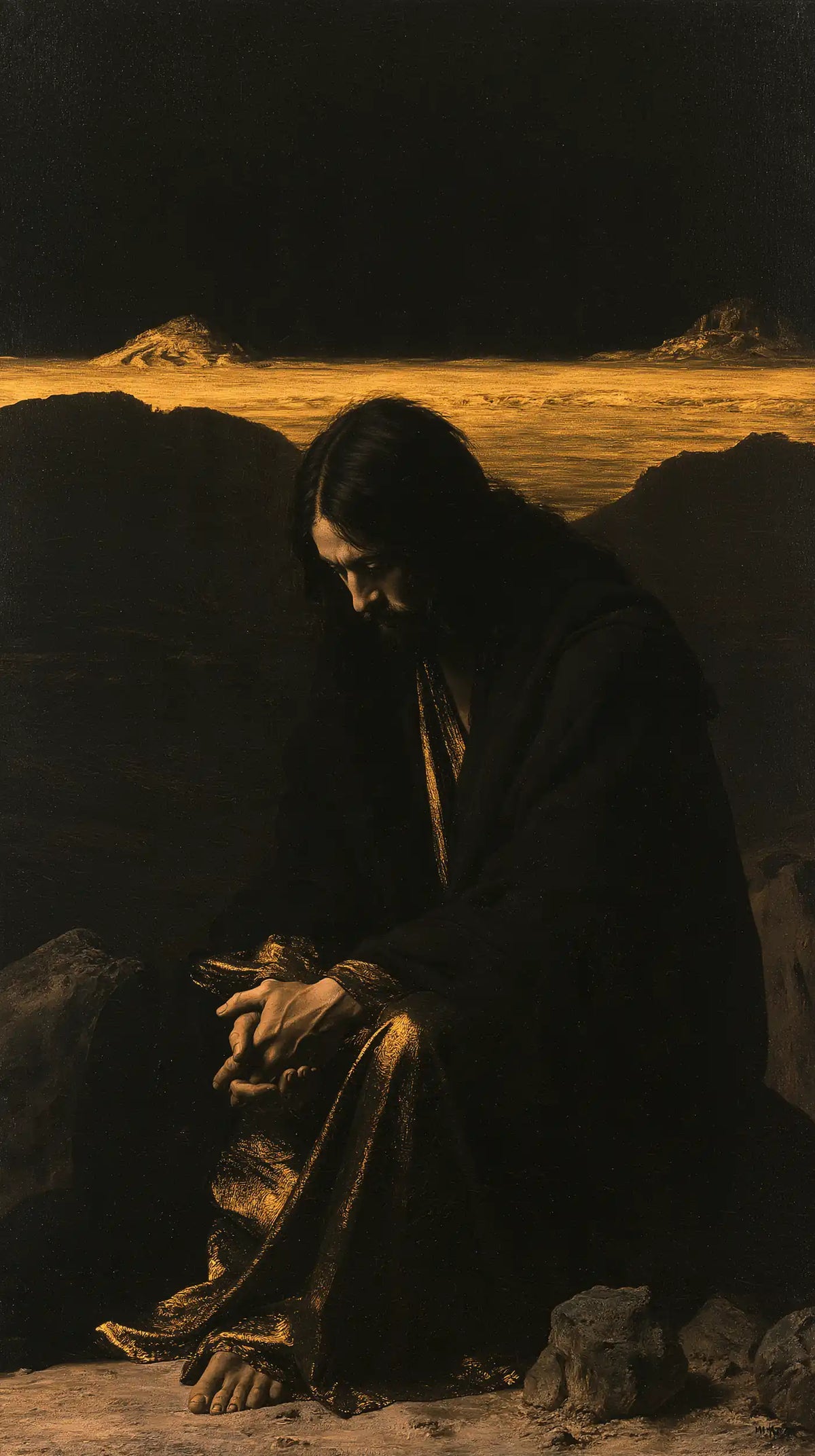 Jesus in the desert during the temptation in Black and Gold style, portrait Christian artwork no. 5
