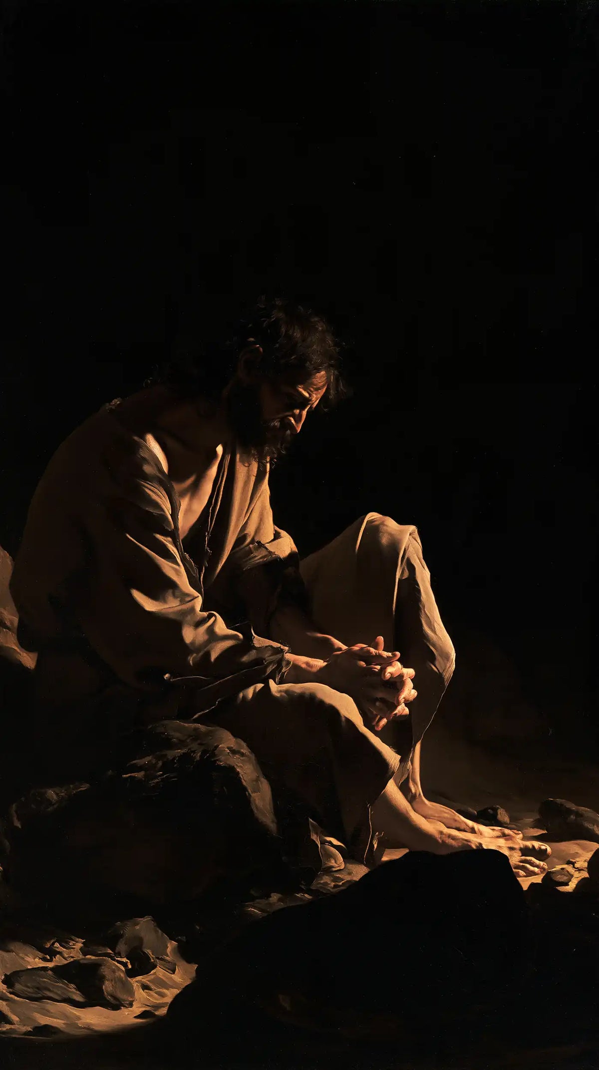 Jesus in the desert during the temptation in Caravaggio Tenebrism style, portrait Christian artwork no. 2
