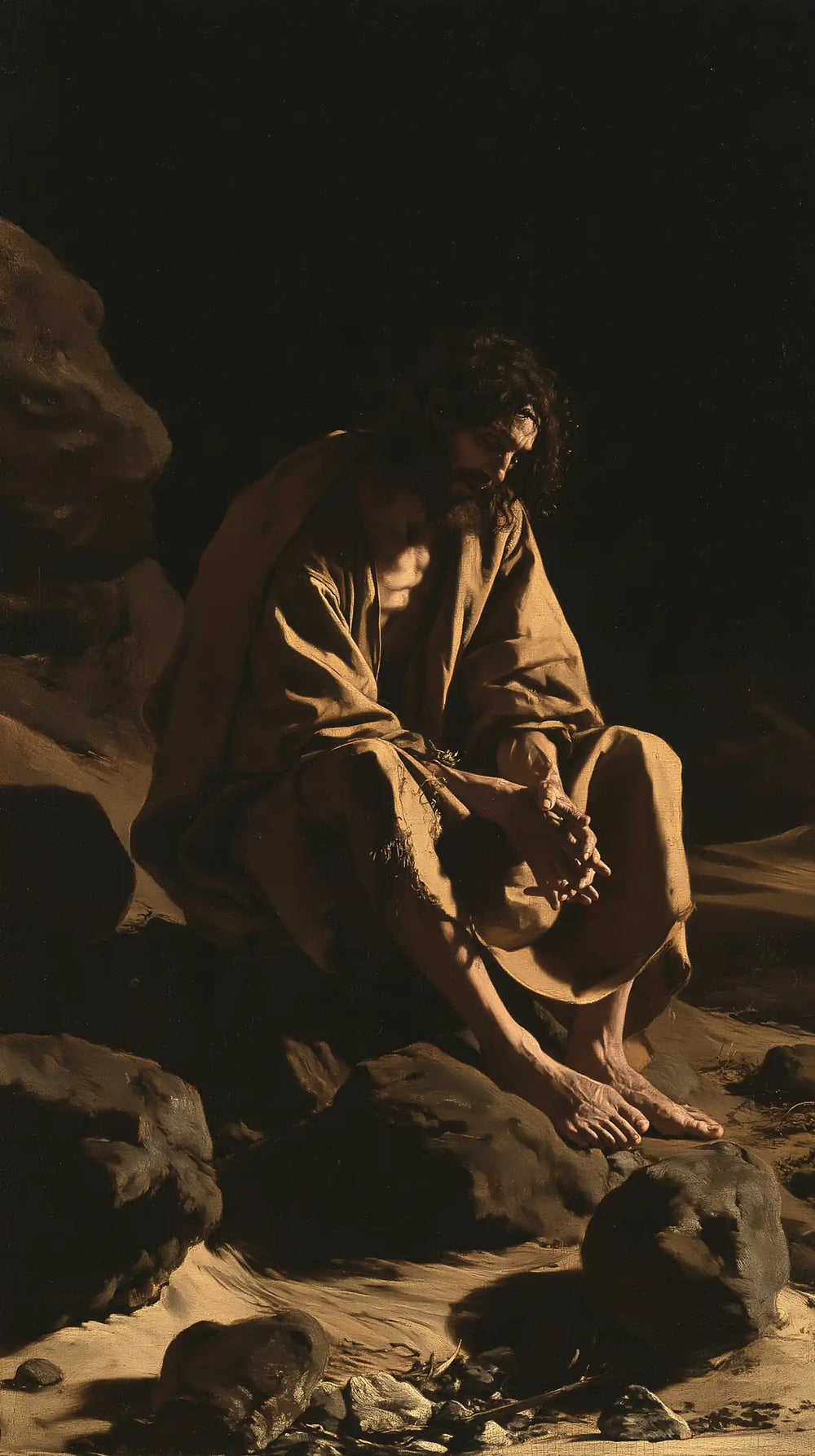 Jesus in the desert during the temptation in Caravaggio Tenebrism style, portrait Christian artwork no. 11
