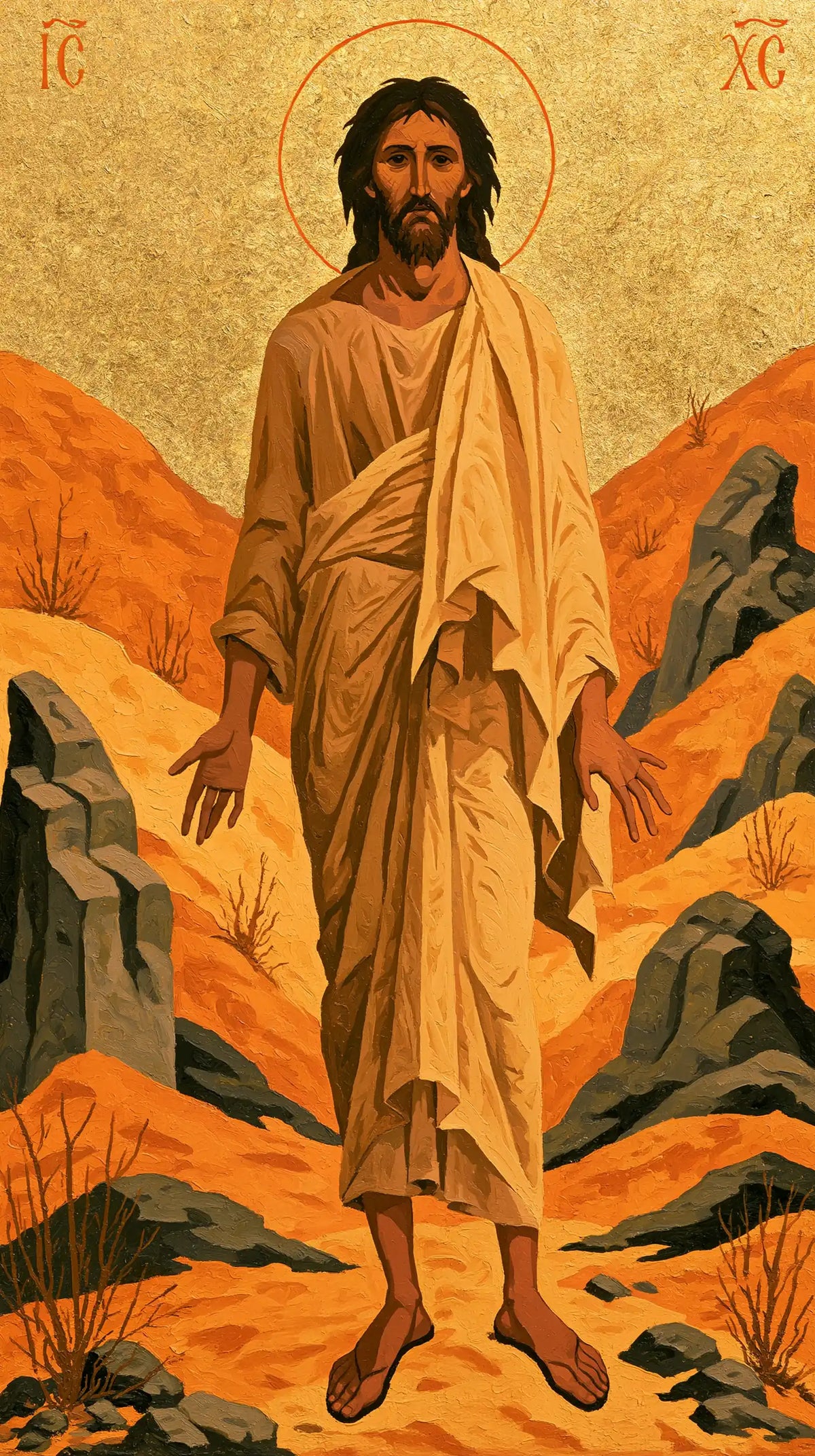 Jesus in the desert during the temptation in Contemporary Byzantine style, portrait Christian artwork no. 20