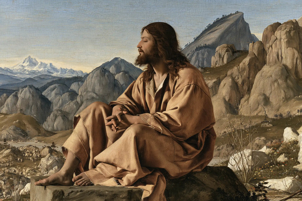 Jesus in the desert during the temptation in Florentine Renaissance style, landscape Christian artwork no. 14