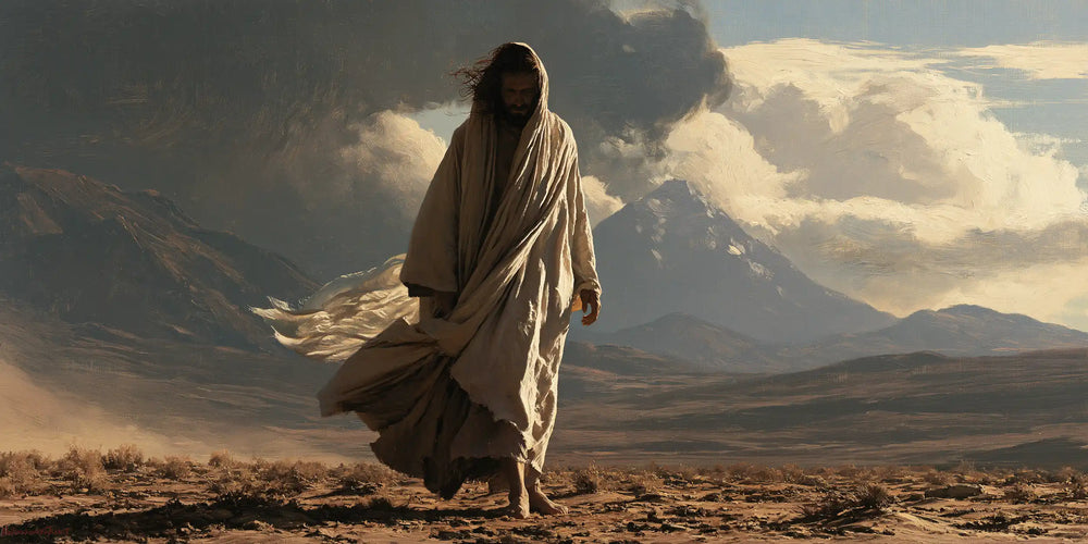 Jesus confronting an inner spiritual struggle in the desert in The Inner Struggle style, landscape Christian artwork no. 21